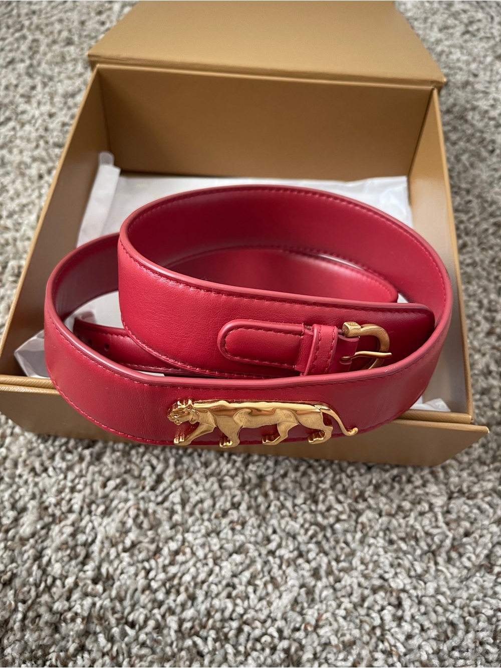 Sabyasachi Red Leather Belt with Gold Panther Detail